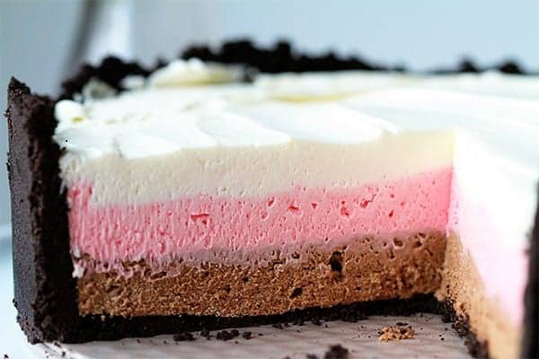 Neapolitan Cheesecake!  Vanilla, strawberry and chocolate no-bake cheesecake! 
