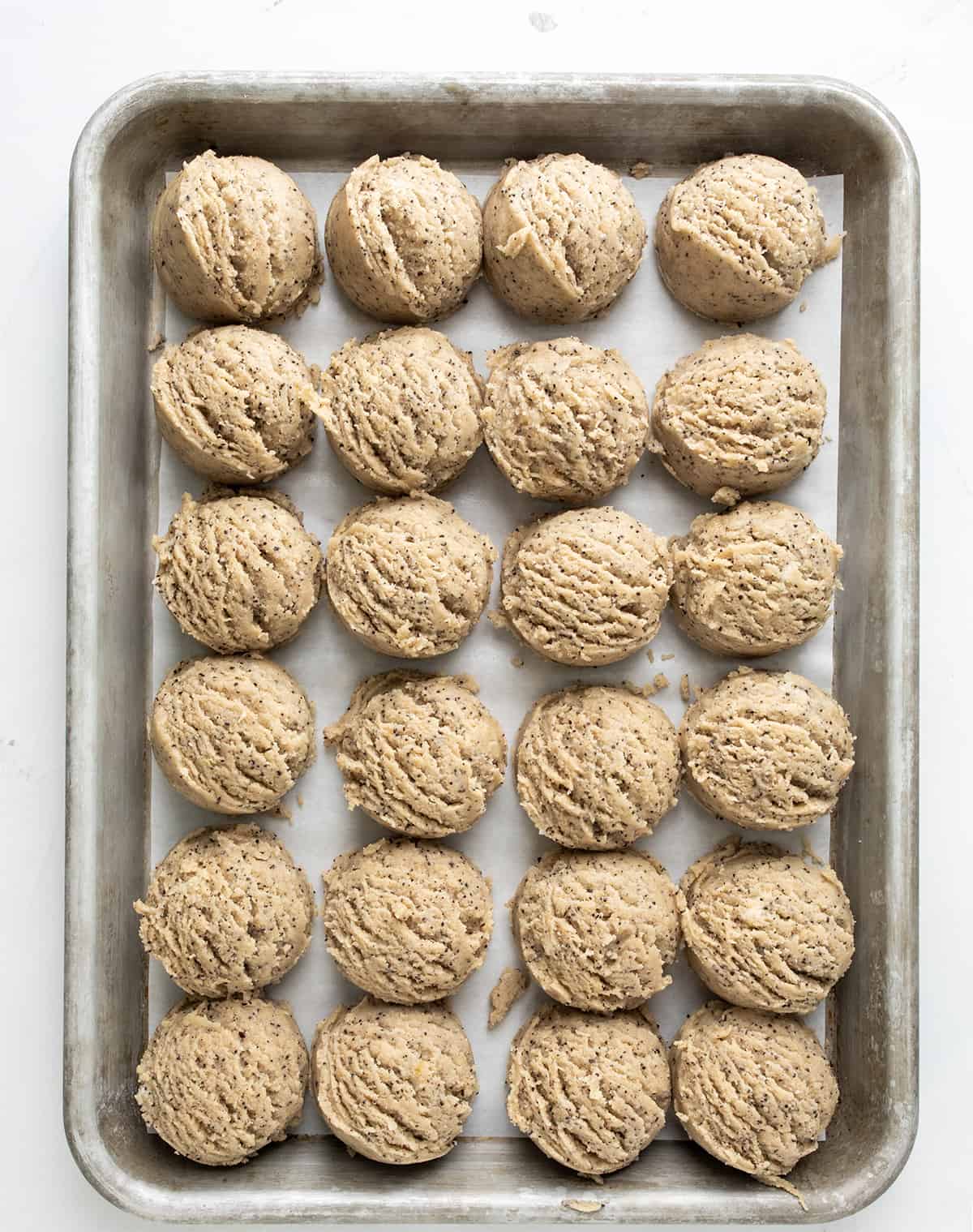 Pan of Coffee Sugar Cookie Dough Balls Before Baking.