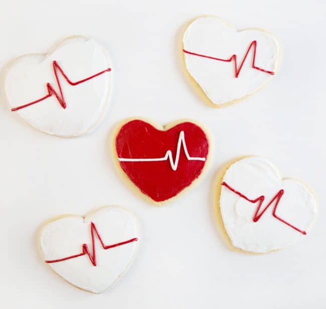Heart shaped cookies with a piped EKG line!