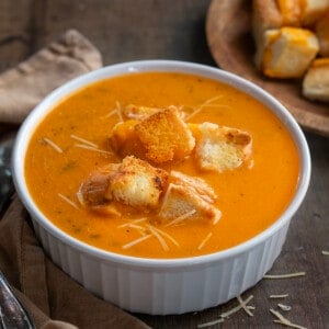 Bowl of Tomato Soup with Grilled Cheese Croutons.