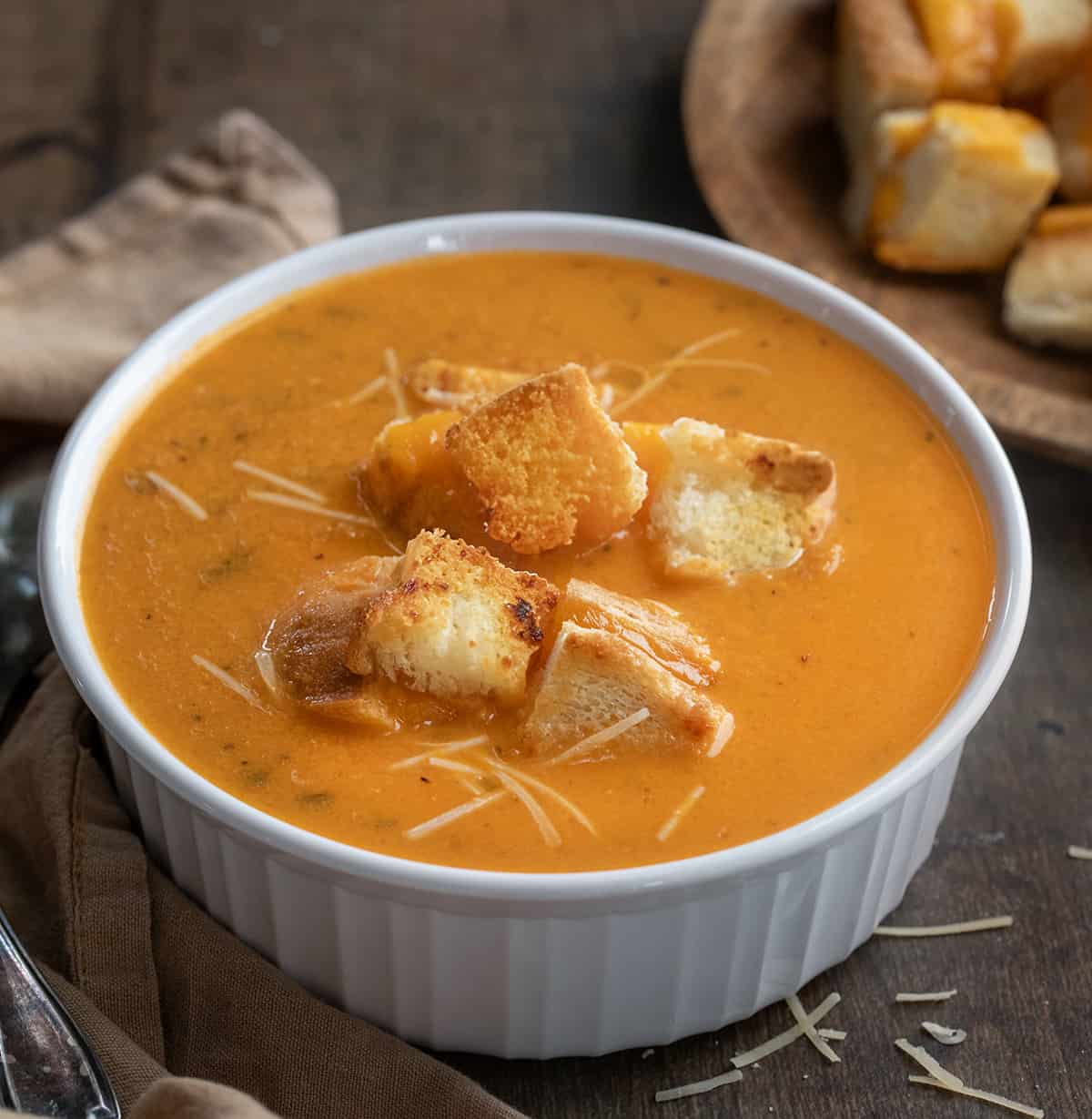 Bowl of Tomato Soup with Grilled Cheese Croutons.