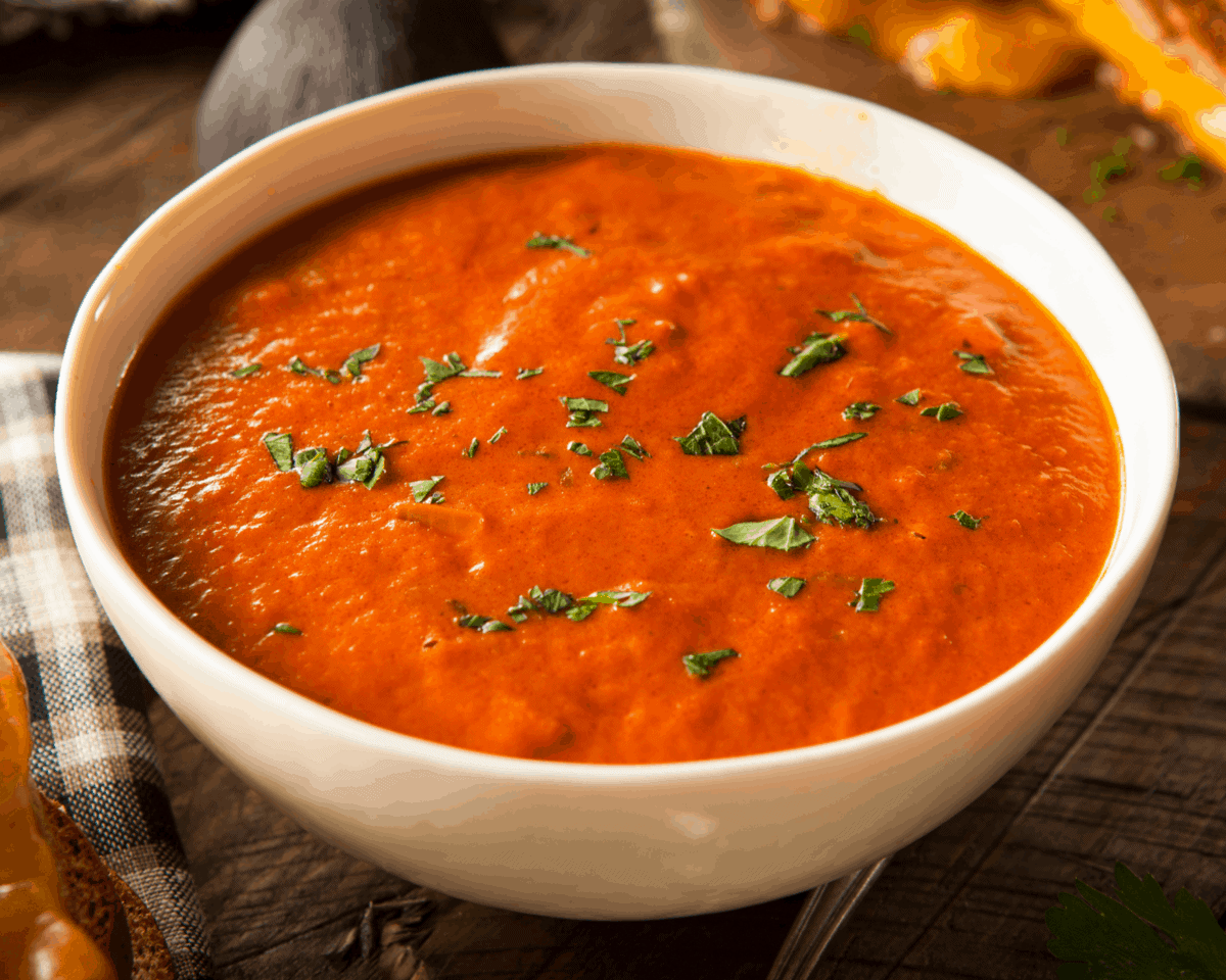 Bowl of Tomato Soup on Wooden Cutting Board