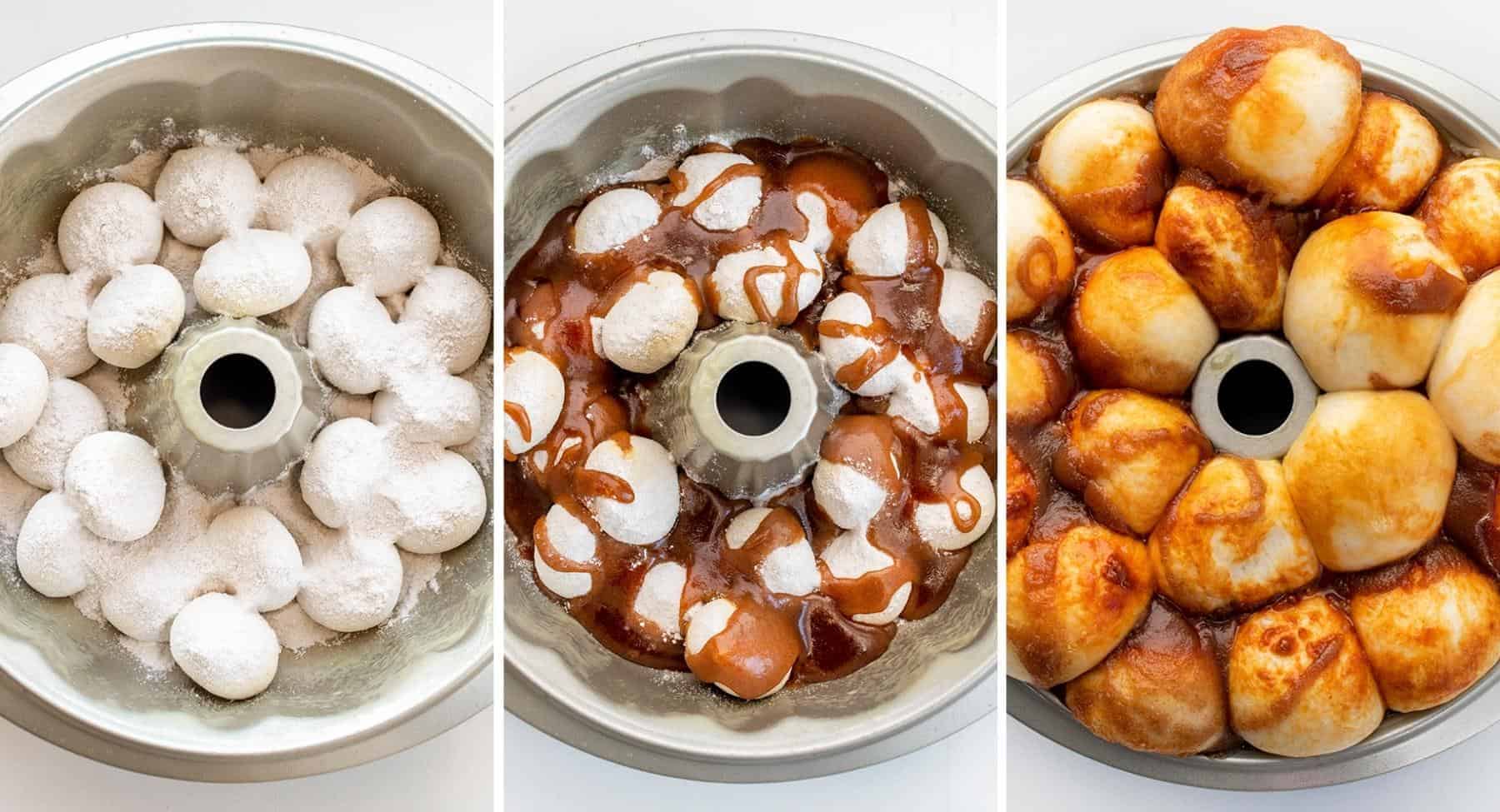Steps for Making 5 Ingredient Monkey Bread - rolls, then pudding, then sauce, then rising time