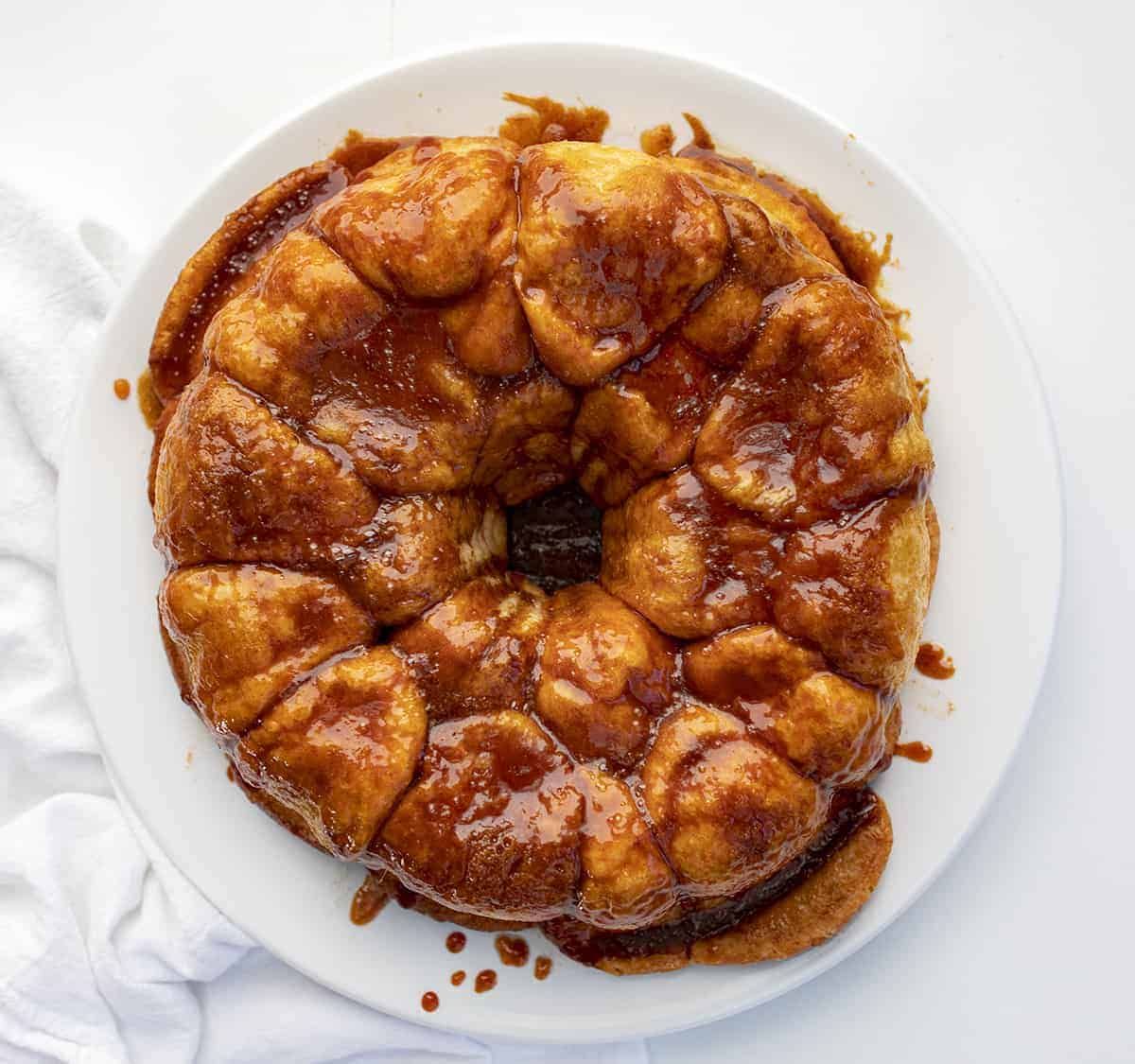 5 Ingredient Monkey Bread from Overhead on a White Plate