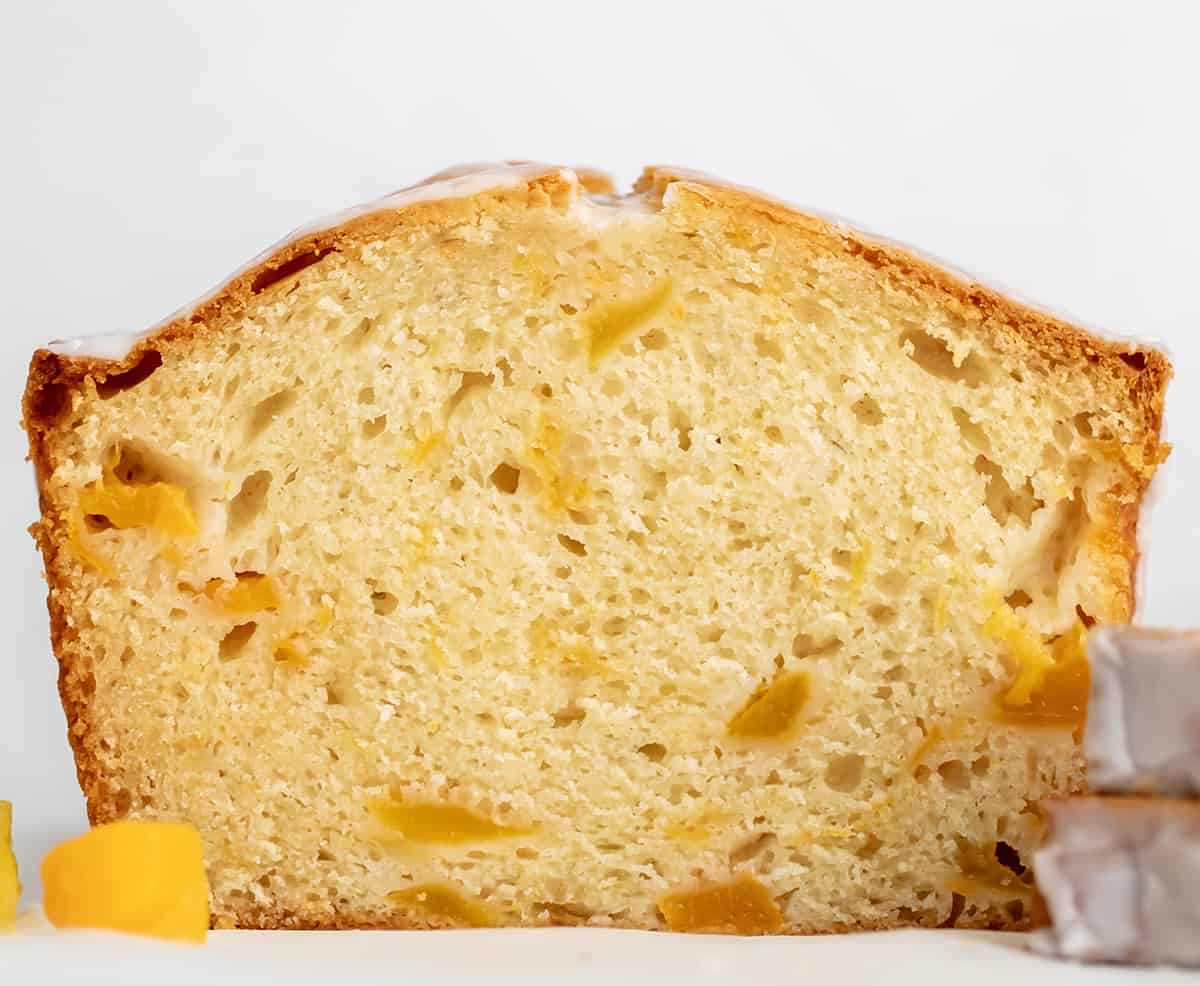 Close up of Peach Bread that has been sliced into showing inside texture.