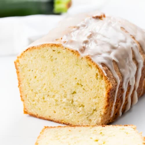 Cut into loaf of Zucchini Pound Cake showing tender texture.