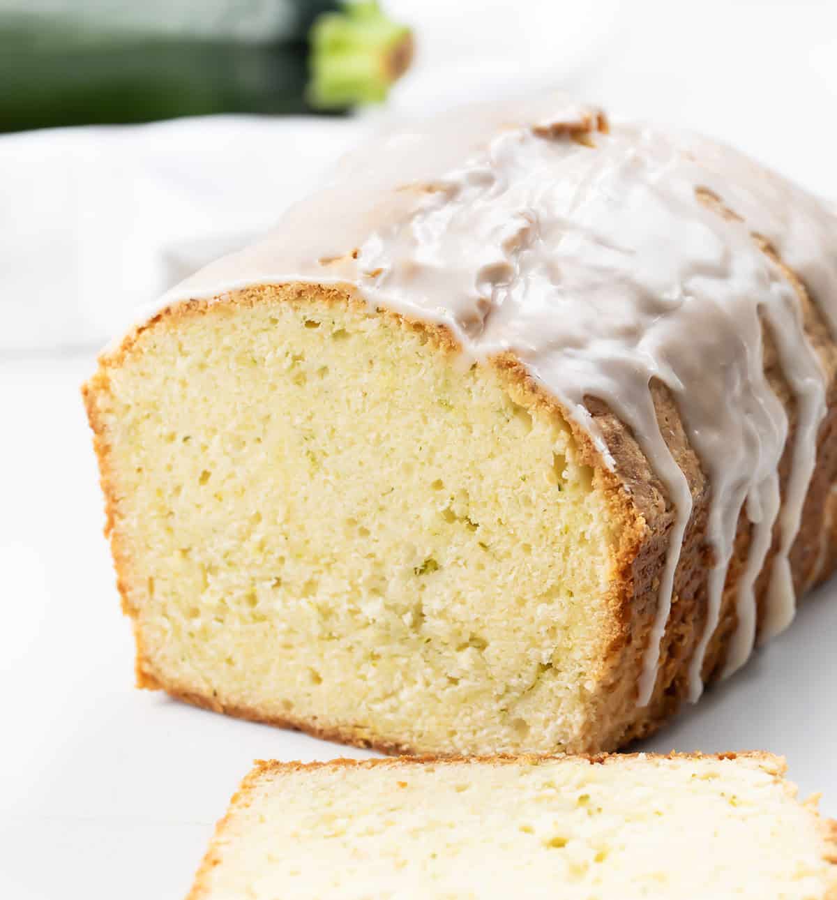 Cut into loaf of Zucchini Pound Cake showing tender texture.
