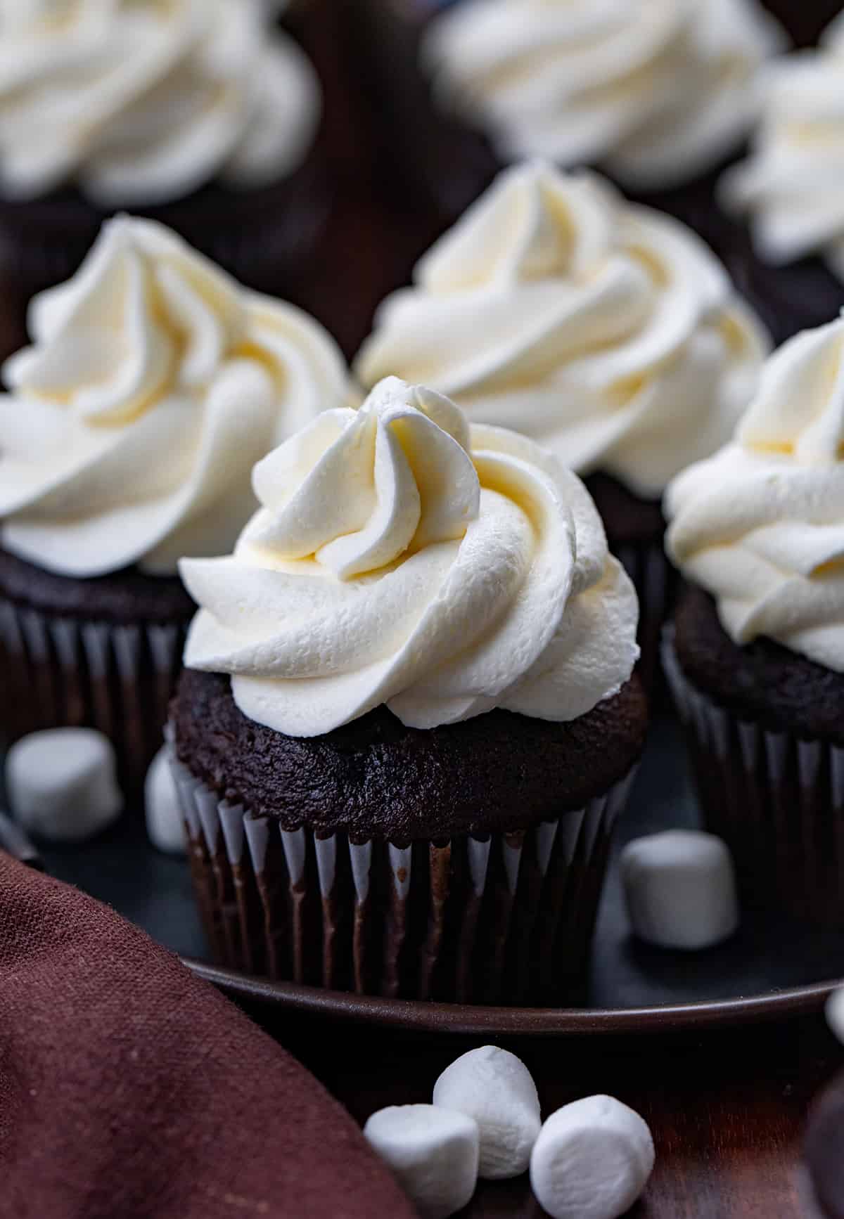 Chocolate Cupcakes with Piped Marshmallow Buttercream on them. 