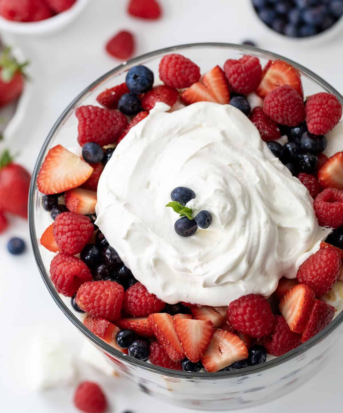 The very top of a Very Berry Trifle showing the fruit and whipped topping.