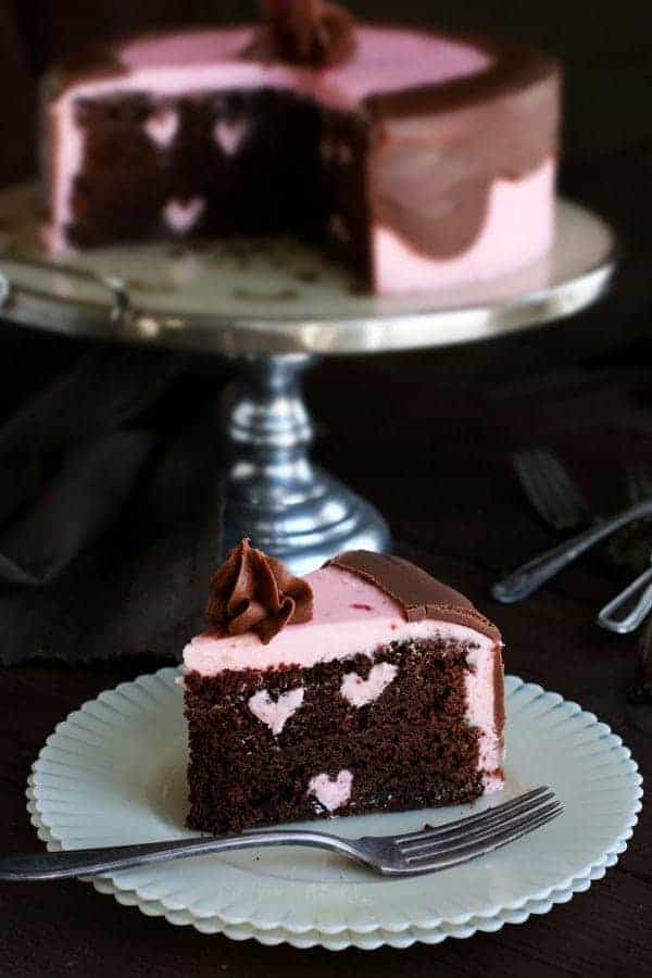 Chocolate Cake with Raspberry Buttercream Mini Hearts Inside