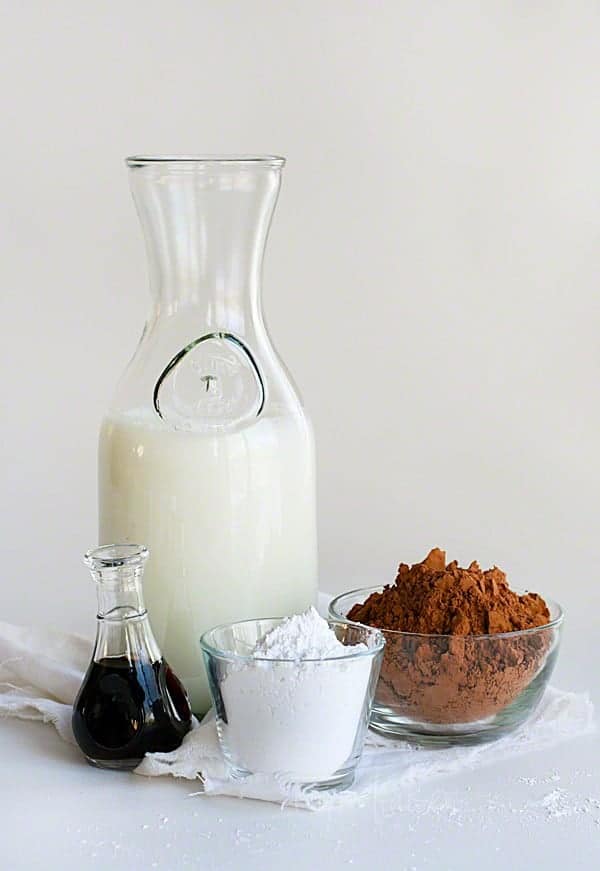 Raw Ingredients for Homemade Chocolate Milk, cocoa, milk, vanilla, confectioners sugar