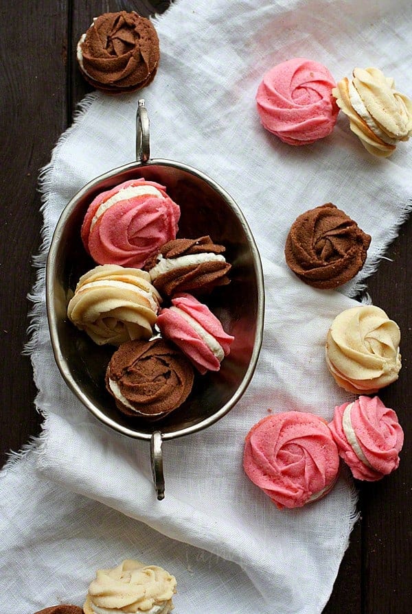 Neapolitan Spritz Cookies filled with Marshmallow Buttercream (Recipe from iambaker.net)