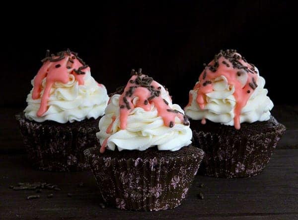 Chocolate Cupcakes with Vanilla Buttercream and Strawberry Chocolate Candy Coating! (Neapolitan Cupcakes)