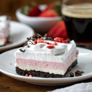 Triple layer Neapolitan Dessert on a white plate on a wooden table.