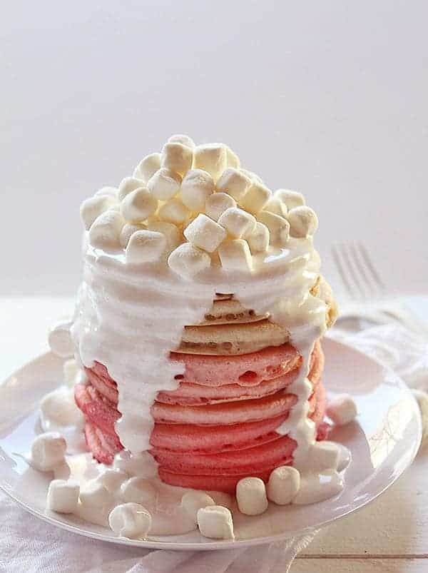 Pink Pancakes with Marshmallow Fluff Frosting