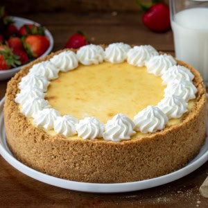 Whole Classic Cheesecake With Double Crust on a white serving platter on a wooden table with fresh strawberries and milk.