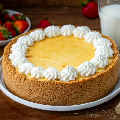Whole Classic Cheesecake With Double Crust on a white serving platter on a wooden table with fresh strawberries and milk.