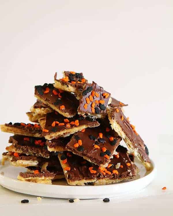 Pile of Halloween Saltine Toffee on a plate