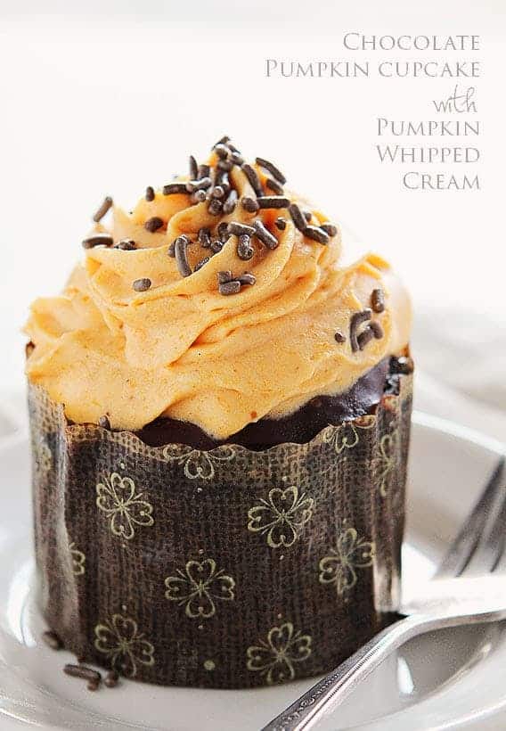 Chocolate Pumpkin Cupcakes with Pumpkin Whipped Cream #cupcakes