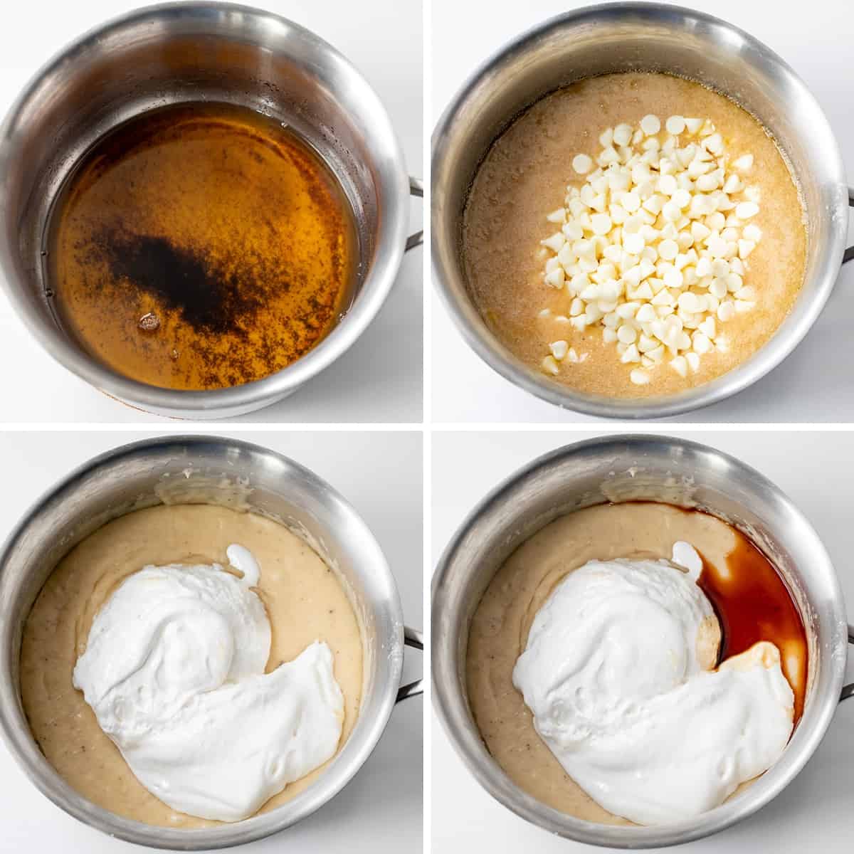 Steps for Making Brown Butter Fudge in a Saucepan with Brown Butter, White Chocolate Chips, Marshmallow Fluff, and Vanilla.