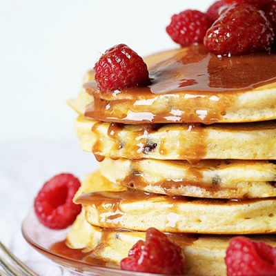 Mini Chocolate Chip Pancakes with Cinnamon and Chocolate Butter Glaze! #pancakes #chocolate #breakfast