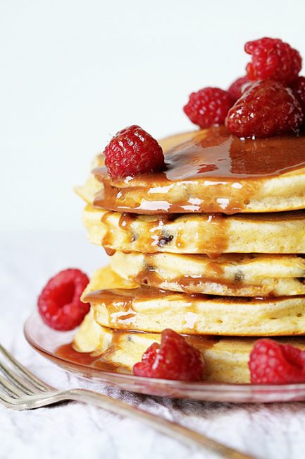 Mini Chocolate Chip Pancakes with Cinnamon and Chocolate Butter Glaze! #pancakes #chocolate #breakfast