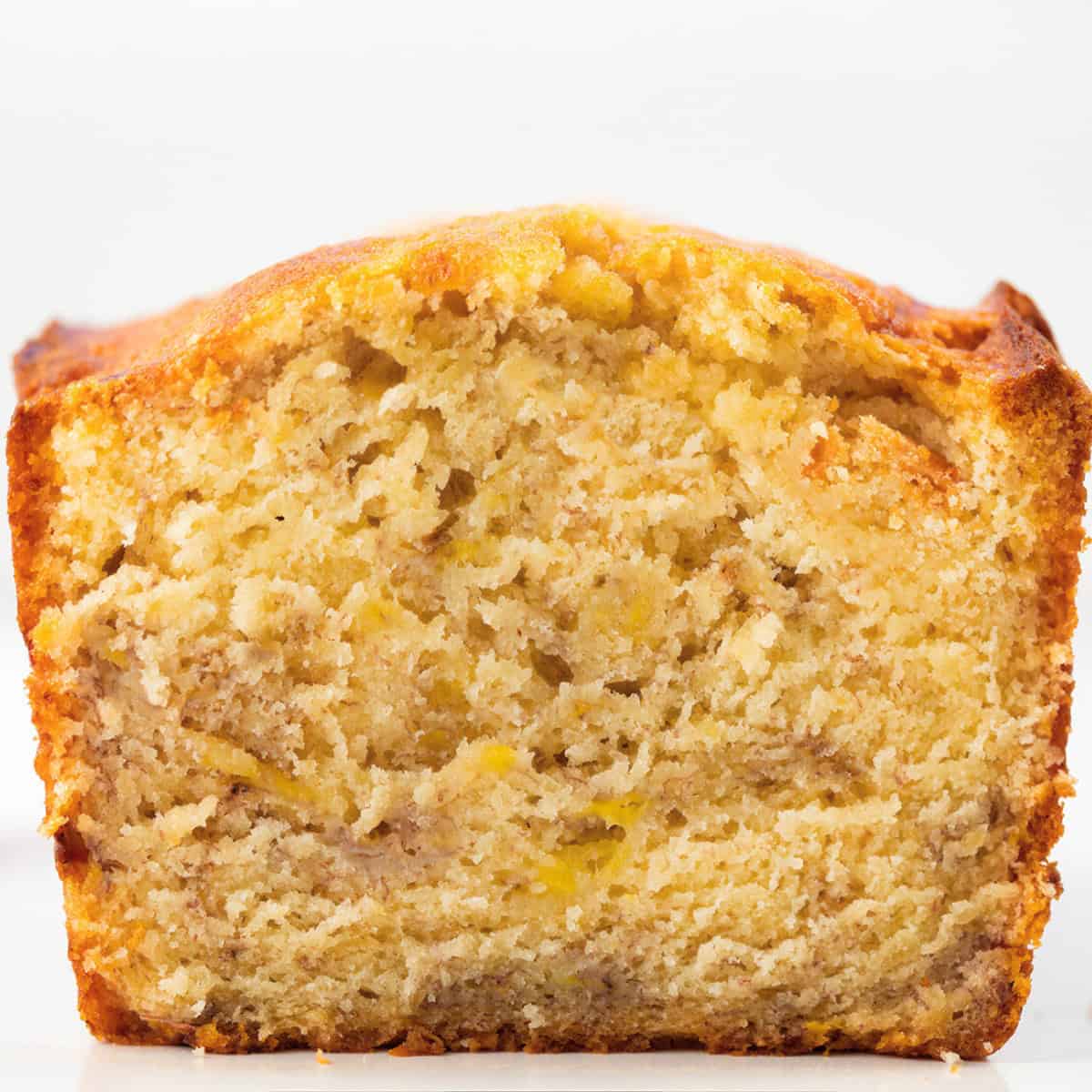 Close up of a loaf of Buttermilk Banana Bread.