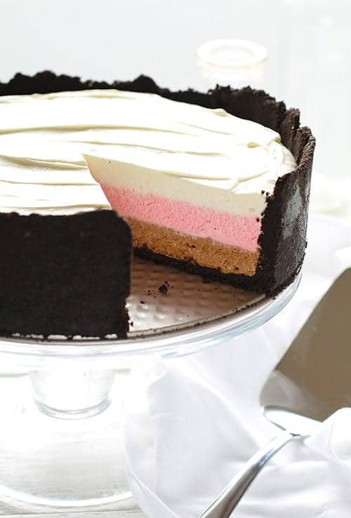 Neapolitan Cheesecake! Vanilla, strawberry and chocolate no-bake cheesecake! 