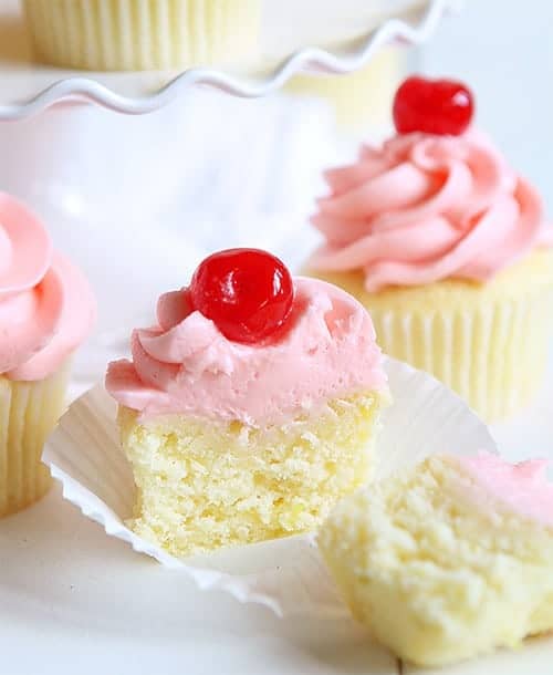 Cherry Limeade Cupcake! Delicate lime cupcake with sweet Maraschino cherry frosting!