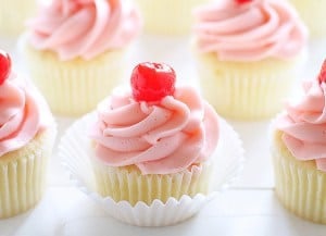 Cherry Limeade Cupcake! Delicate lime cupcake with sweet Maraschino cherry frosting!