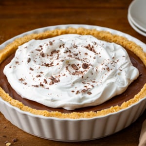 Whole Rich Chocolate Pie in a white pie pan on a wooden table.