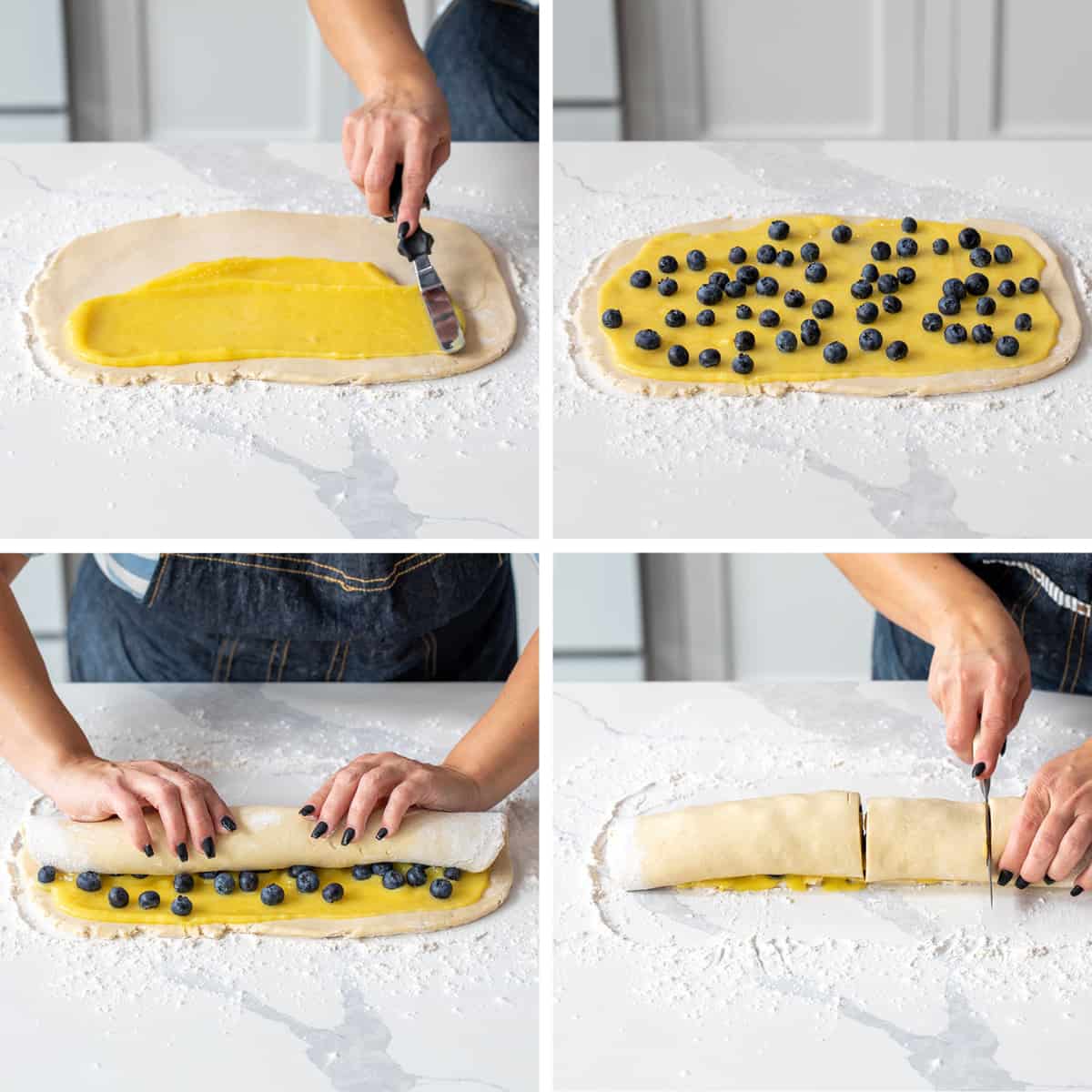 Stesp for Rolling out Dough, Adding Lemon Curd, Blueberries, and then Rolling and Cutting into Rolls to Make Blueberry Lemon Skillet Rolls.