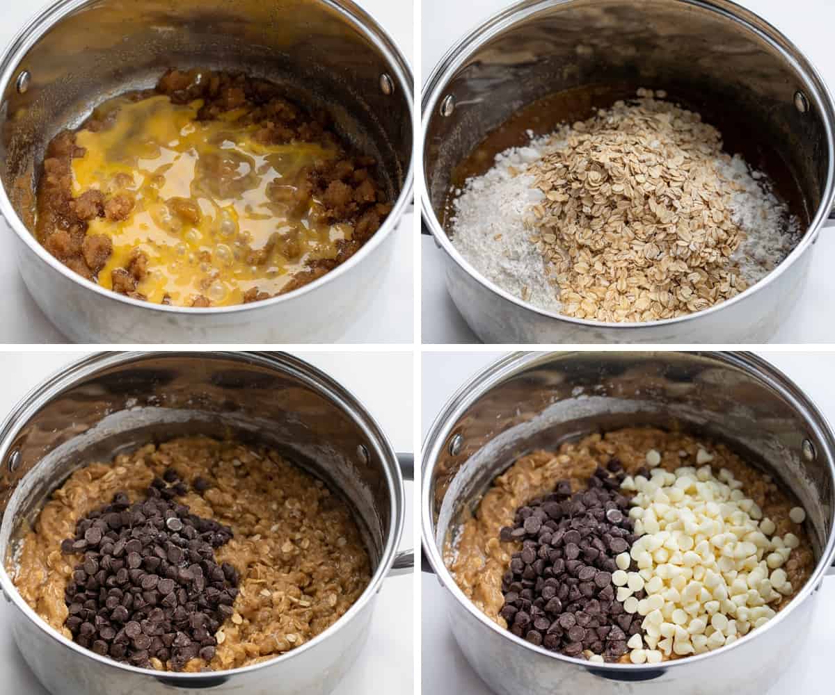 Steps for Making Marry Me Cookies with a Pot, Oatmeal, Flour, chocolate, and White Chocolate Chips.