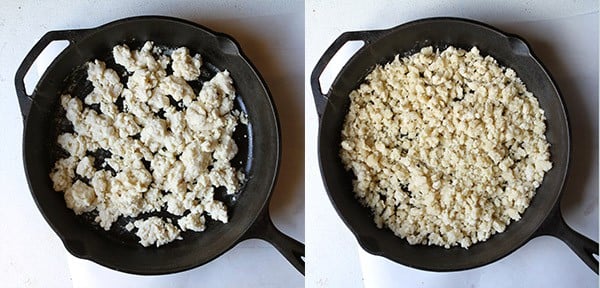 Side by side of skillet with raw and then baked crumble