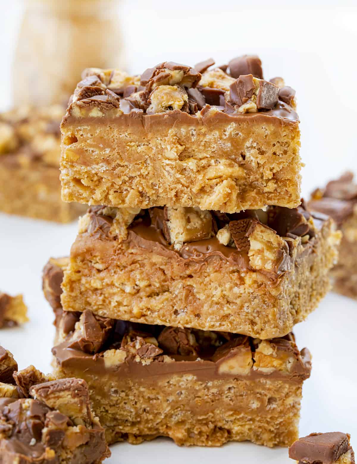 Snickers Special K Bars Stacked. Dessert, Scootchero Bars, SpecialK Bars, bars, bar recipes, scootch-er-oo bars, snicekrs bars, kid snacks, chocolate, peanut butter, butterscotch, recipes, i am baker, iambaker.