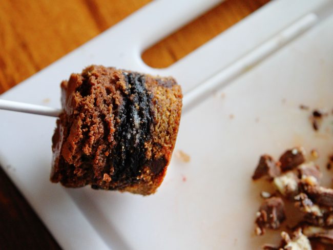 Oreo Chocolate Chip Cookies Brownie Bite on a Stick and covered in Snickers!