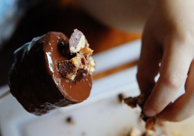 Oreo Chocolate Chip Cookies Brownie Bite on a Stick and covered in Snickers!