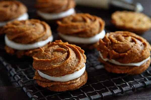 Pumpkin Rose Sandwich Cookies with Caramel Cream Cheese Frosting!