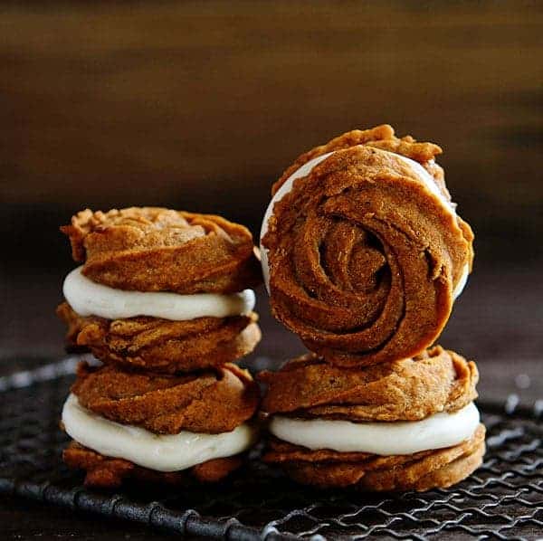 Pumpkin Rose Sandwich Cookies with Caramel Cream Cheese Frosting!