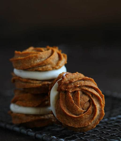 Pumpkin Rose Sandwich Cookies with Caramel Cream Cheese Frosting!