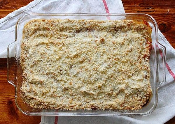 The BEST Zucchini Crisp! Overhead view on Wooden table. 