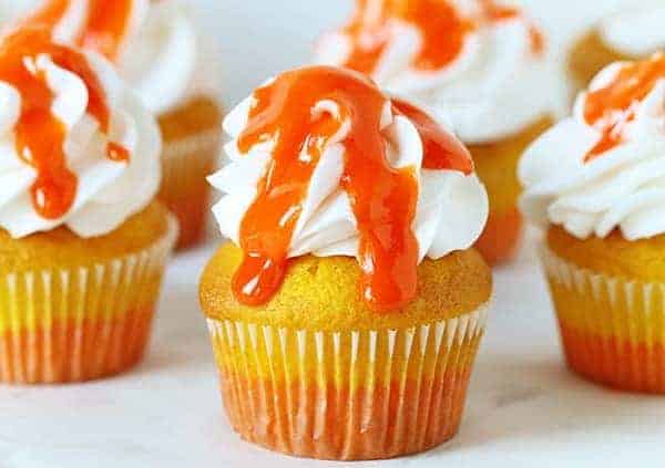 Candy Corn Inspired Cupcakes with pure Candy Corn Glaze!