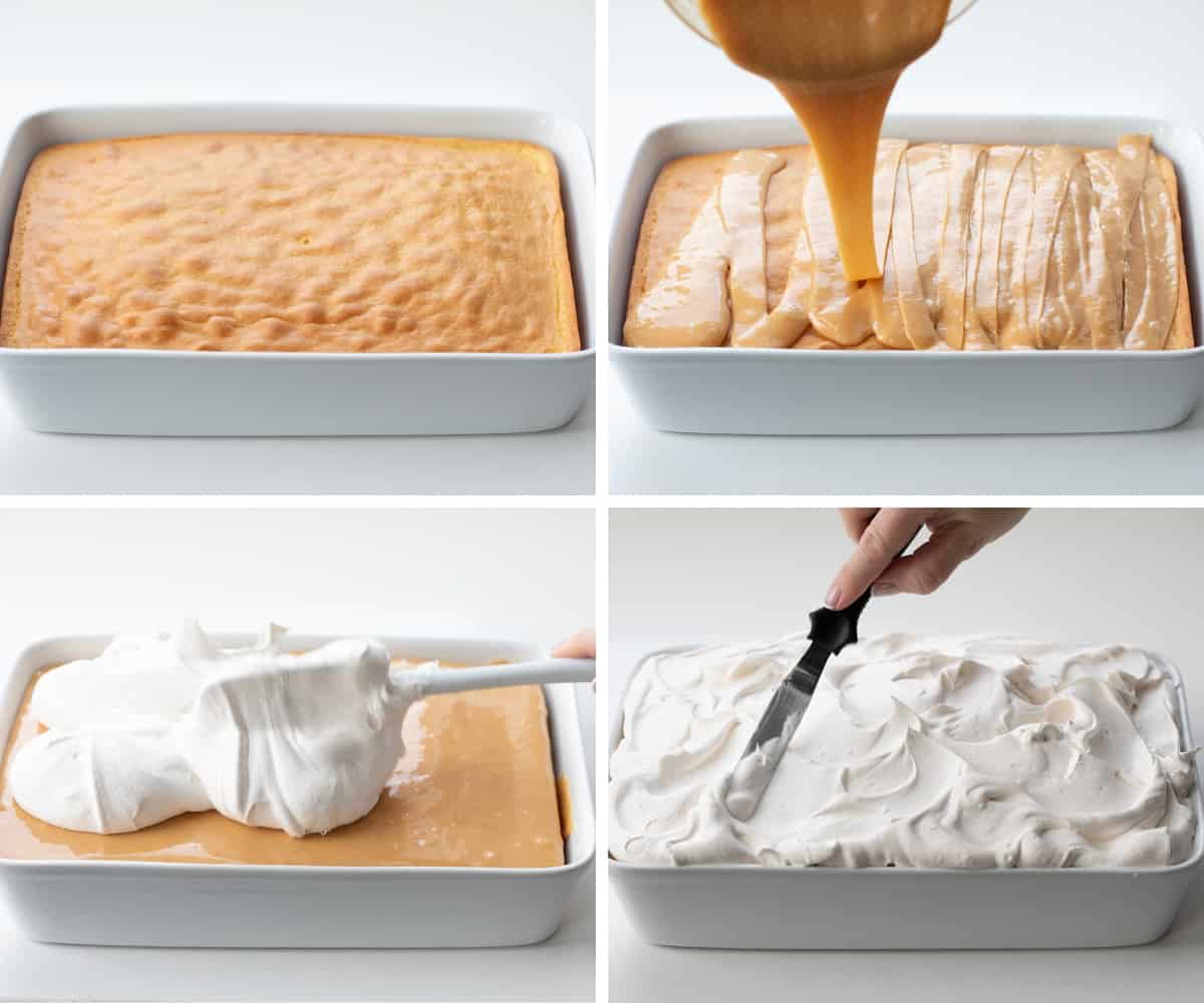 Steps for Making a Caramel Cake With Apple Cider Whipped Cream with caramel and whipped topping.