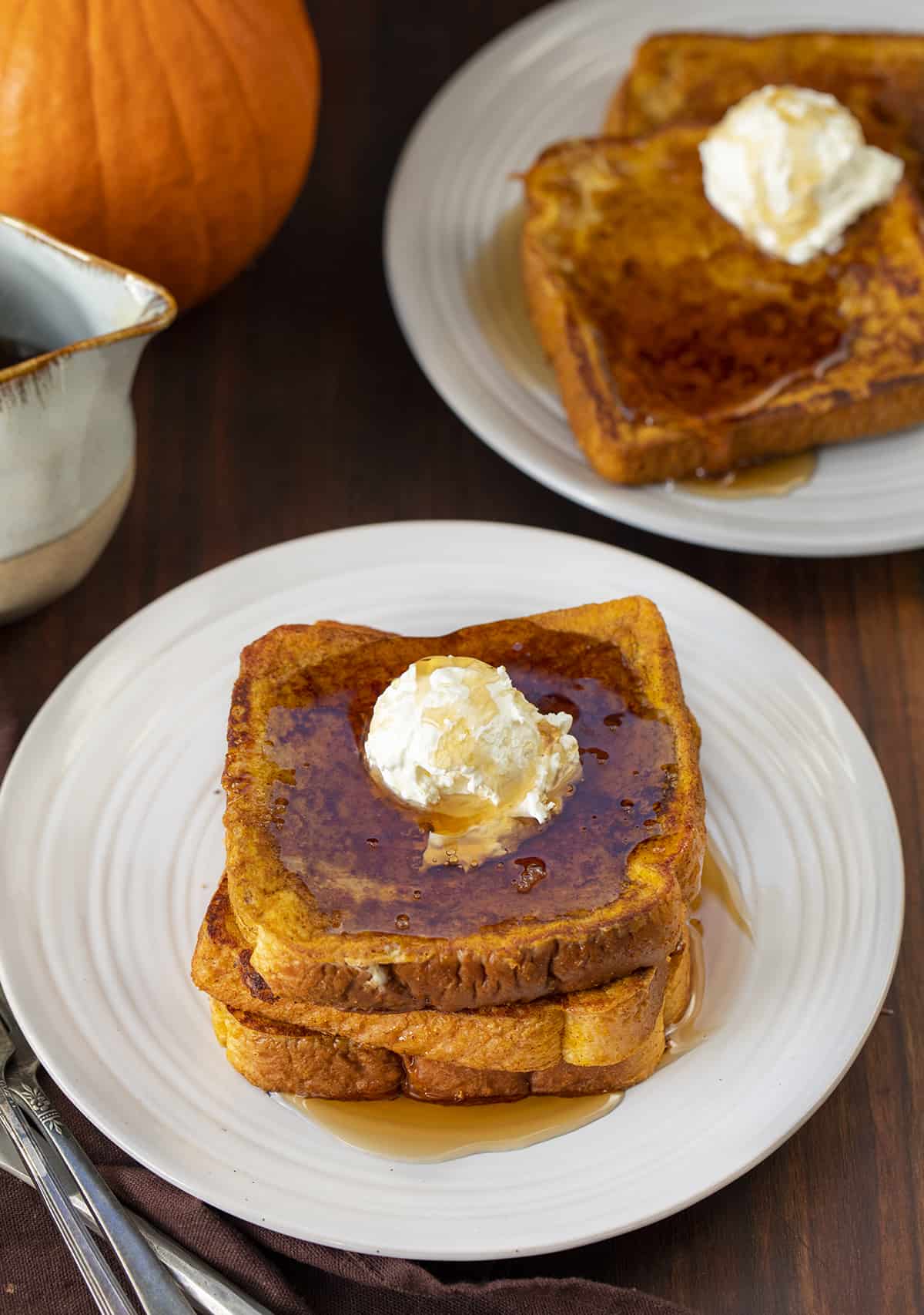 Pumpkin French Toast Stack on a Plate with Butter and Syrup. Breakfast, French Toast Recipes, Pumpkin French Toast, Holiday Breakfast Ideas, Best French Toast, Brunch Recipes, Fall Breakfast, Breakfast Recipes, i am baker, iambaker
