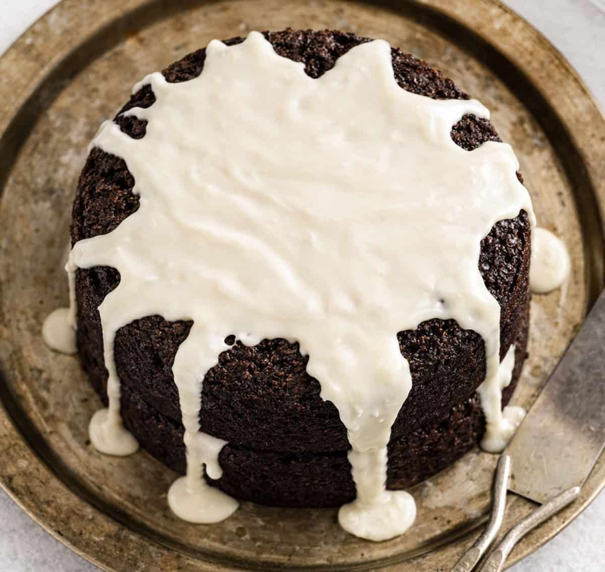 Chocolate Beer Cake covered in beer glaze from overhead.