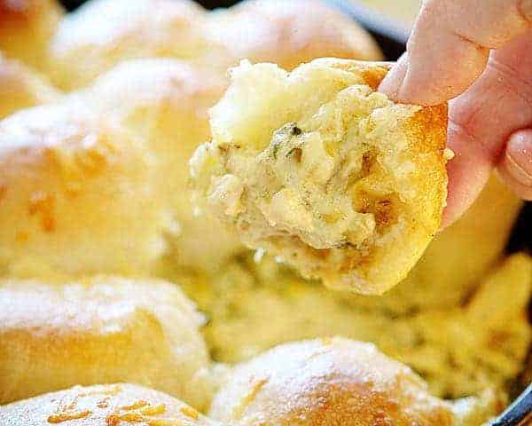 Cheesy Skillet Spinach Artichoke Dip with Baked Rolls!
