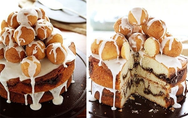 Coffee Breakfast Cake! A layer coffee cake covered in donut balls covered in glaze!