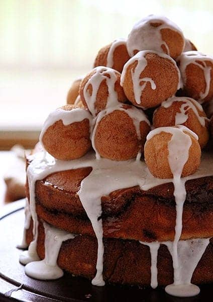 Donut Ball Cake! A layer coffee cake covered in donut balls covered in glaze!