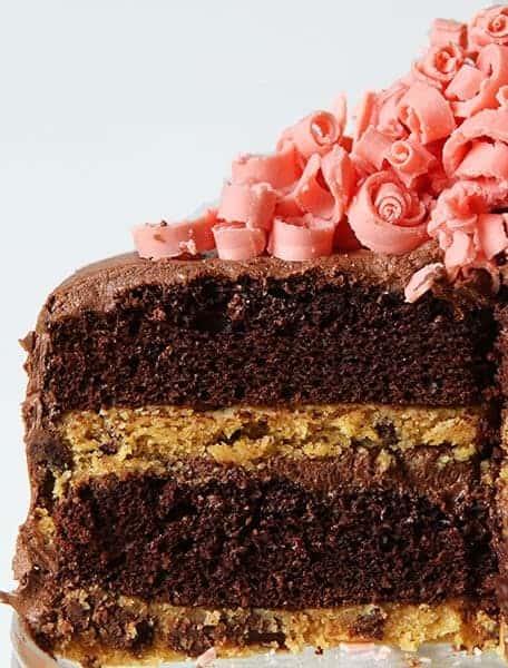 Chocolate Laye Cake with Chocolate Chip Cookie Layers and Mini Pink Chocolate Curls!