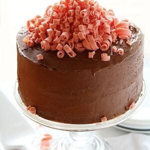 Chocolate Laye Cake with Chocolate Chip Cookie Layers and Mini Pink Chocolate Curls!